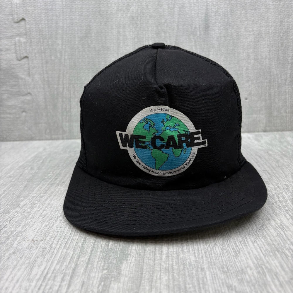 Vintage We Care Hat Cap Snap Back Black‎ Canvas Recycling Logo
